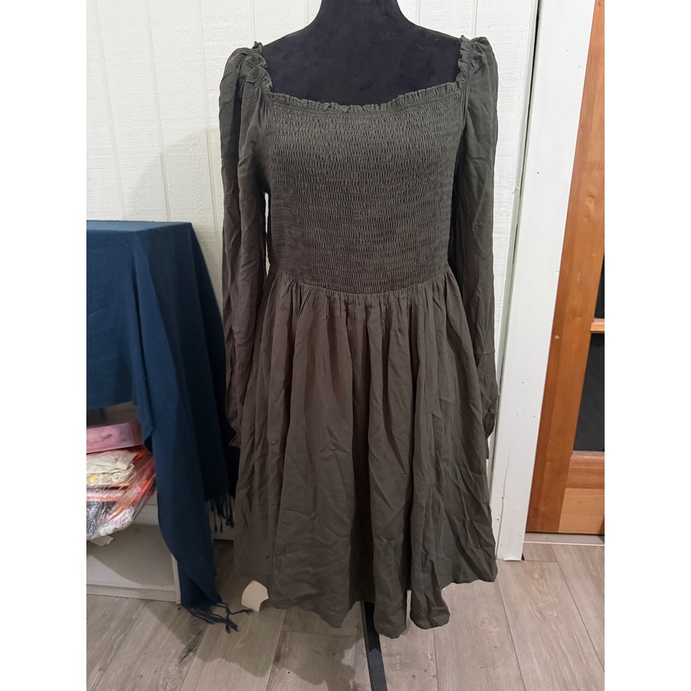Holipick Olive Green Smocked Long Sleeve Mini Dress XL Square Neck Cottagecore